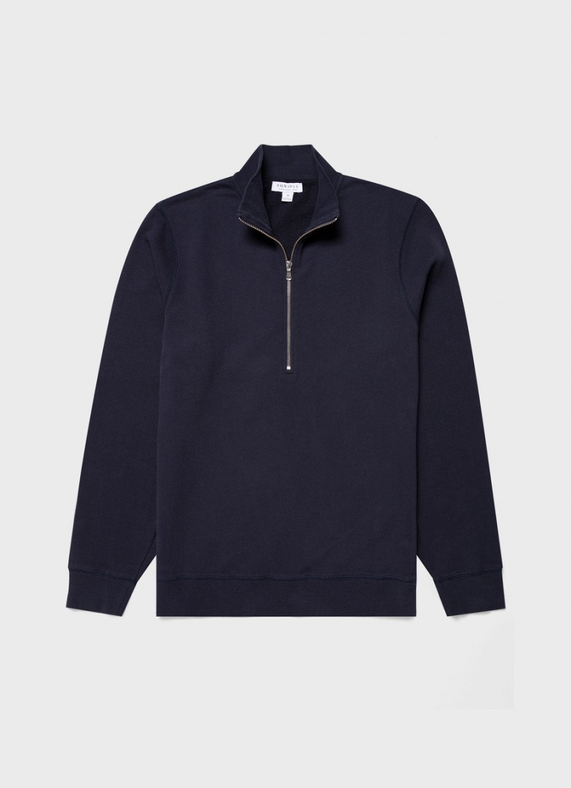 Navy Sunspel Half Zip Loopback Sweatshirt | 52179-VAXS | USA