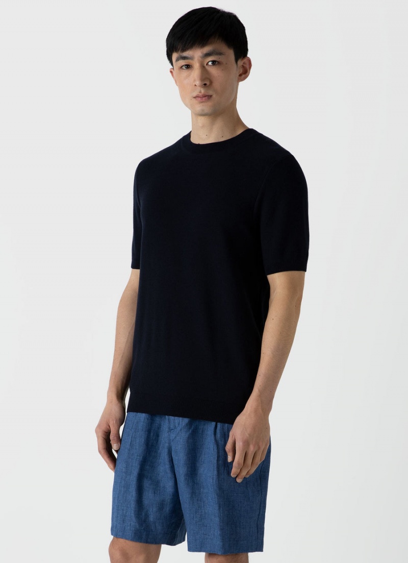 Navy Sunspel Honeycomb Knitted T-shirt | 06841-WAMP | USA