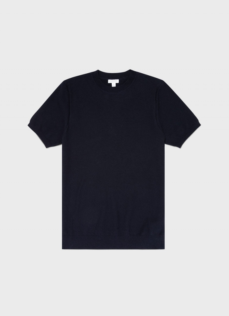 Navy Sunspel Honeycomb Knitted T-shirt | 06841-WAMP | USA