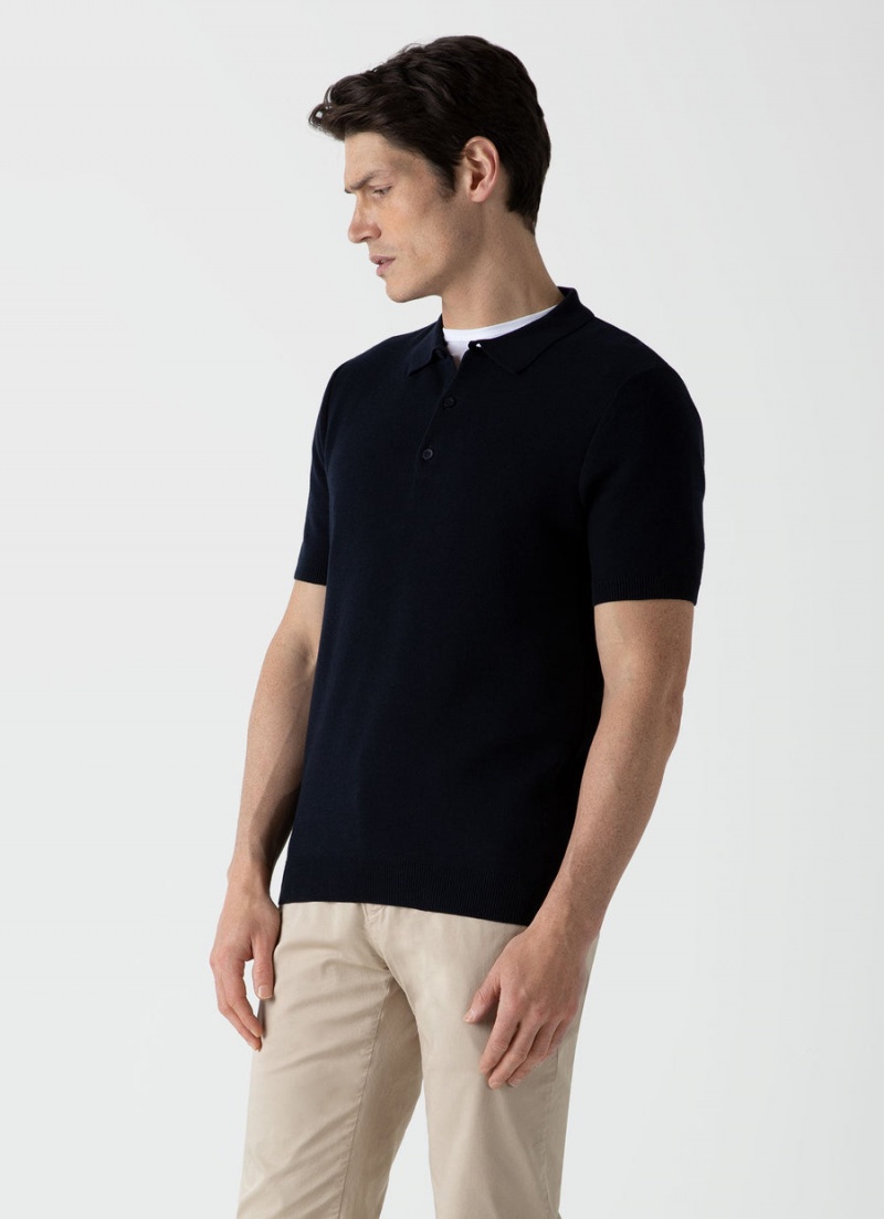 Navy Sunspel Knit Polo Shirt | 43291-ANJY | USA