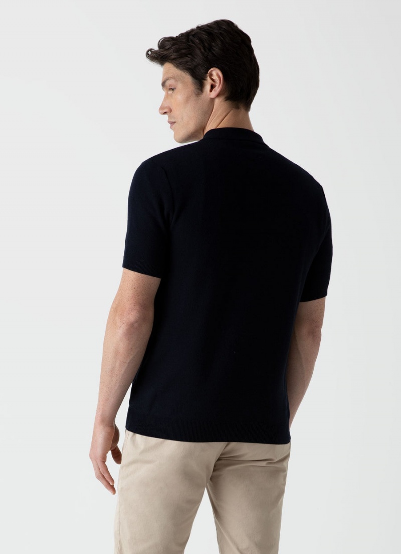 Navy Sunspel Knit Polo Shirt | 43291-ANJY | USA