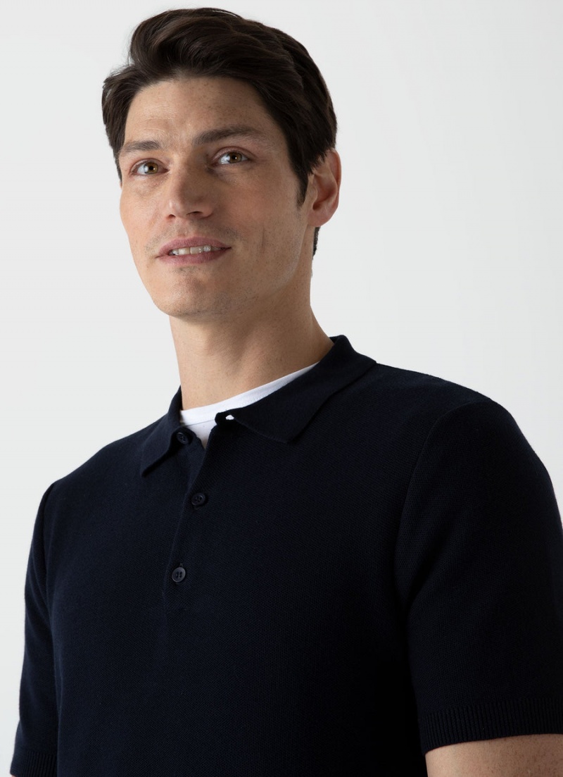 Navy Sunspel Knit Polo Shirt | 43291-ANJY | USA