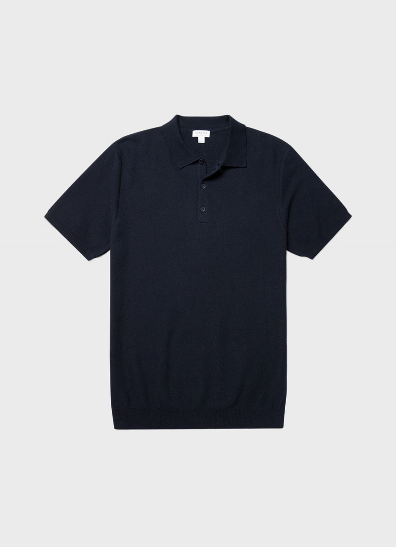 Navy Sunspel Knit Polo Shirt | 43291-ANJY | USA