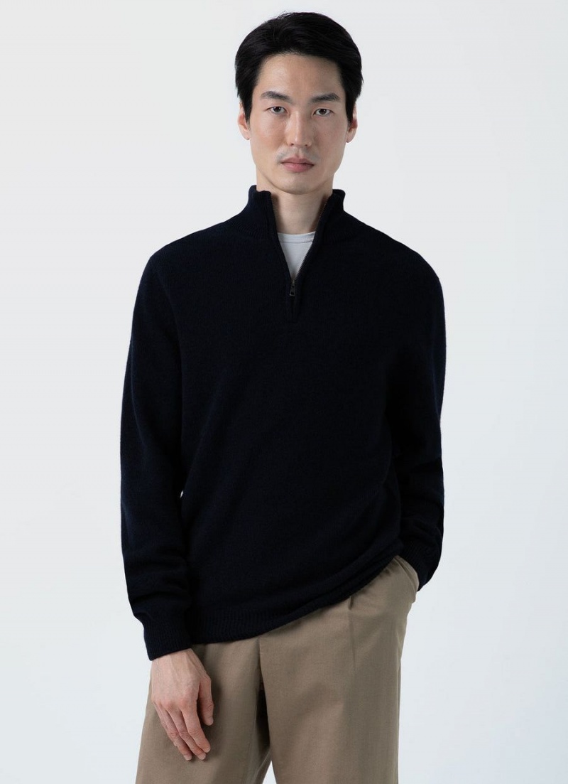 Navy Sunspel Lambswool Half Zip Jumper | 59467-UZHG | USA