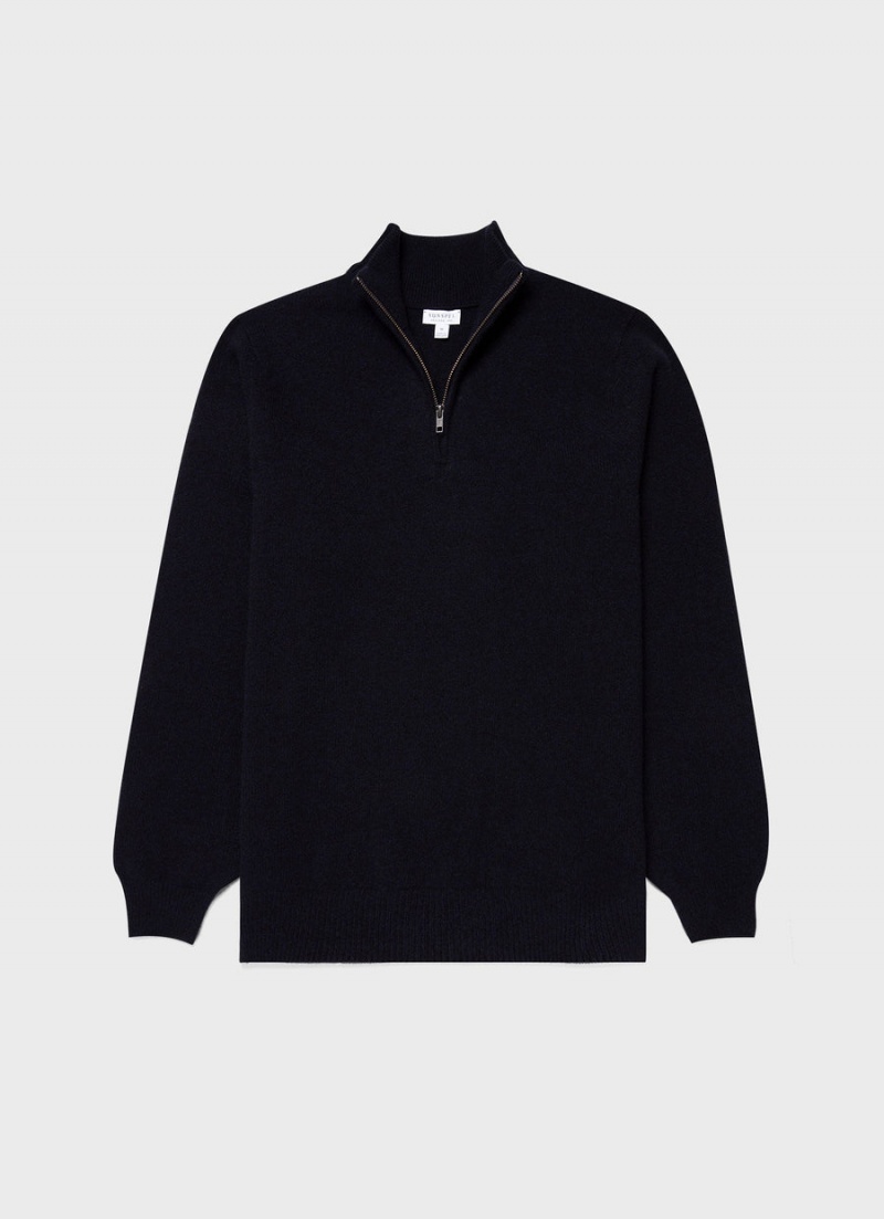 Navy Sunspel Lambswool Half Zip Jumper | 59467-UZHG | USA