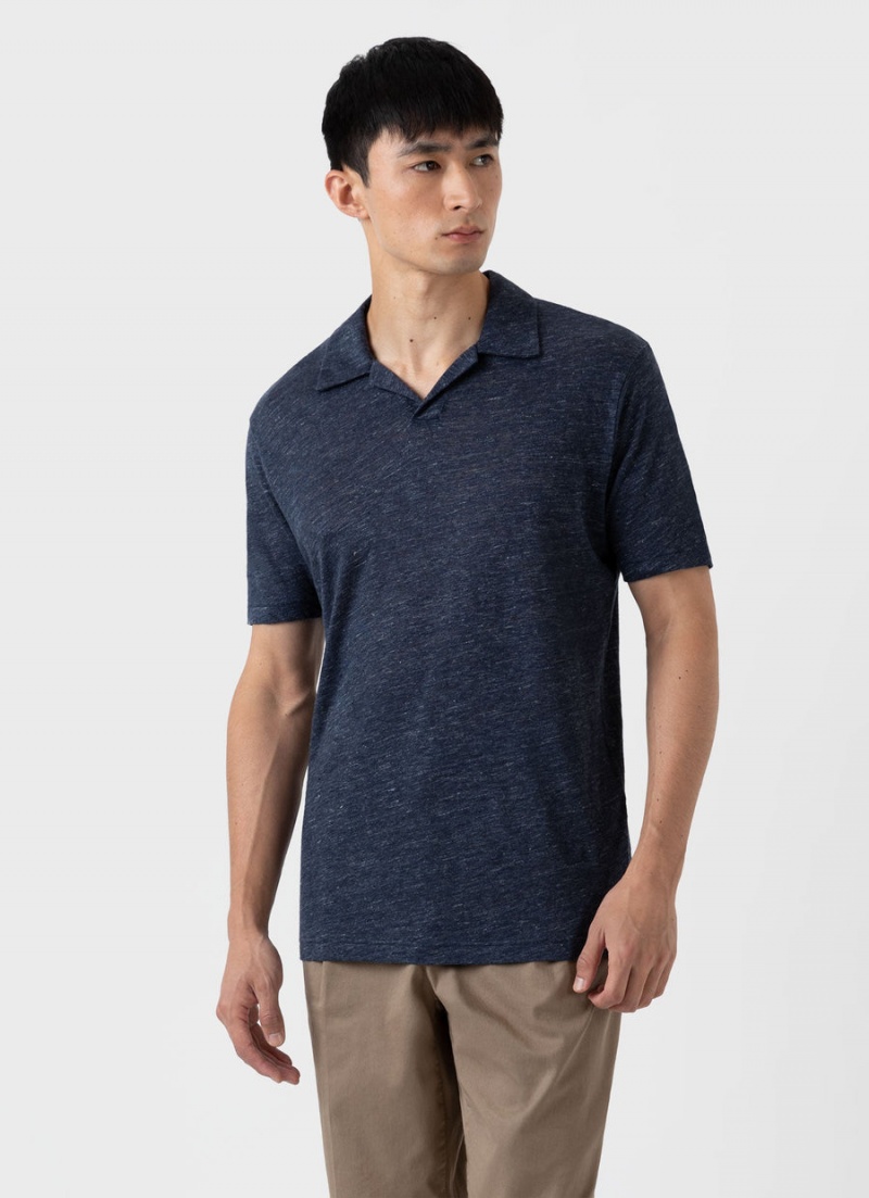 Navy Sunspel Linen Polo Shirt | 26973-VKGA | USA