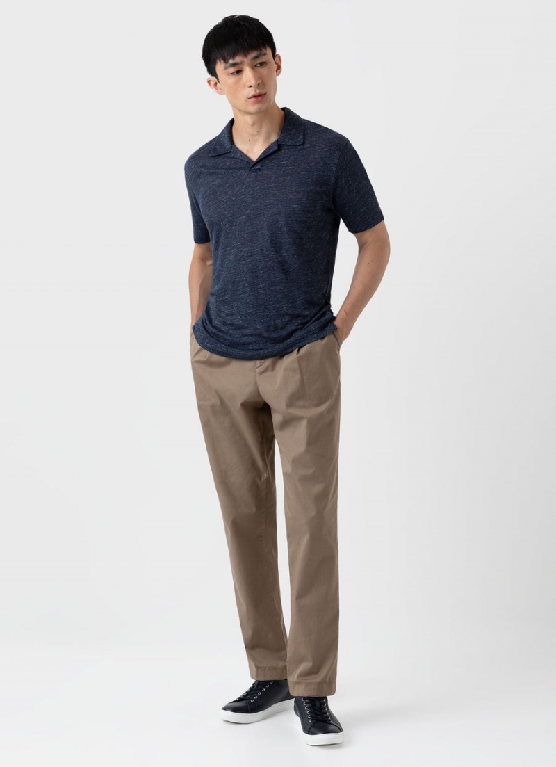 Navy Sunspel Linen Polo Shirt | 26973-VKGA | USA