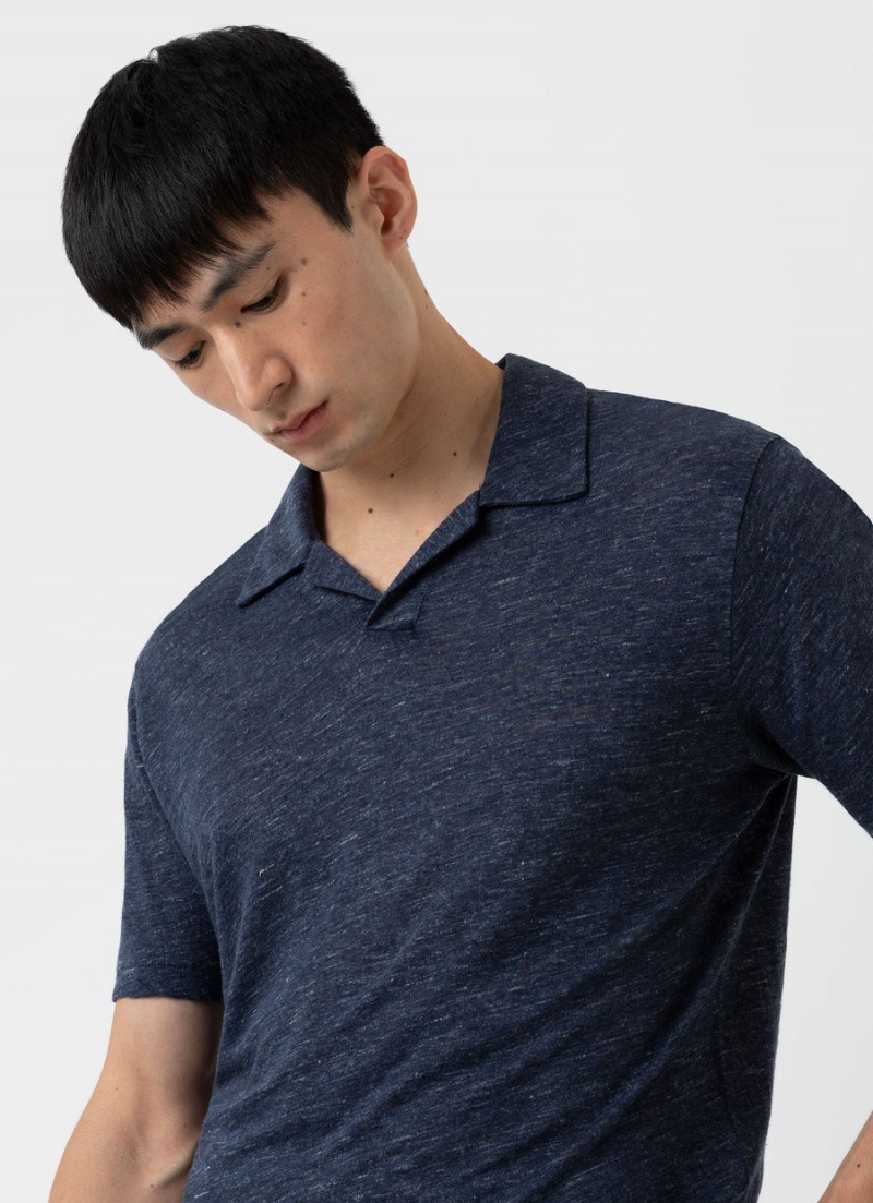 Navy Sunspel Linen Polo Shirt | 26973-VKGA | USA