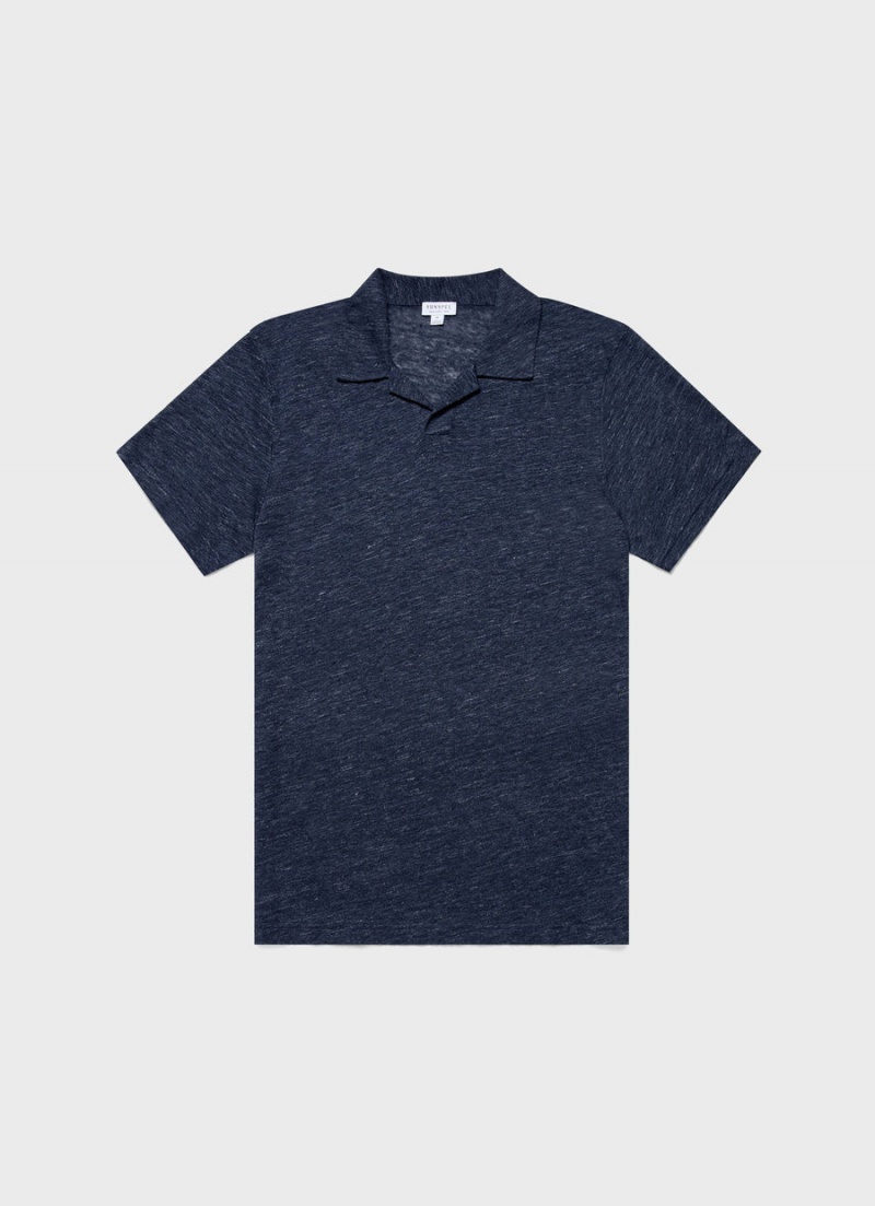 Navy Sunspel Linen Polo Shirt | 26973-VKGA | USA