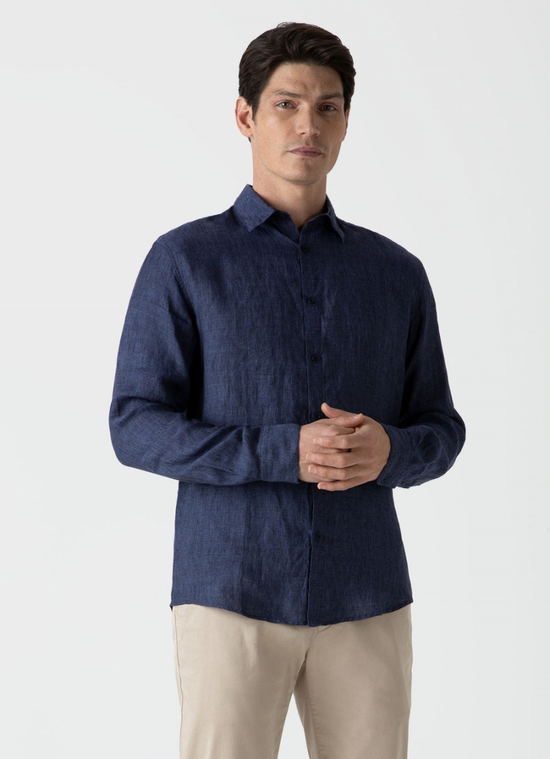 Navy Sunspel Linen Shirt | 94276-ZFUB | USA