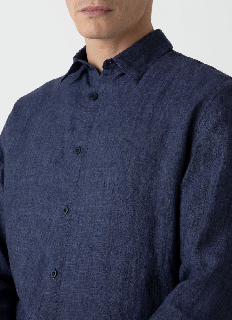 Navy Sunspel Linen Shirt | 94276-ZFUB | USA