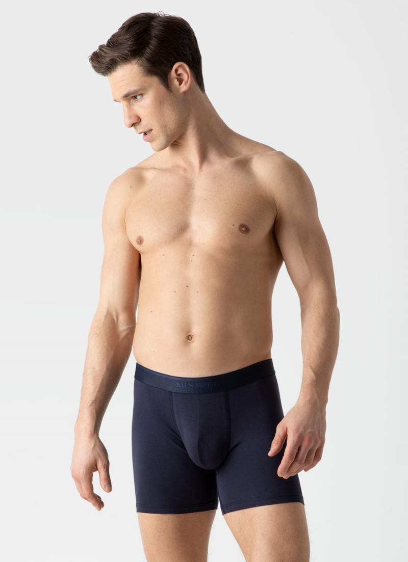 Navy Sunspel Long Cut Stretch Cotton Trunks | 74562-XBFP | USA