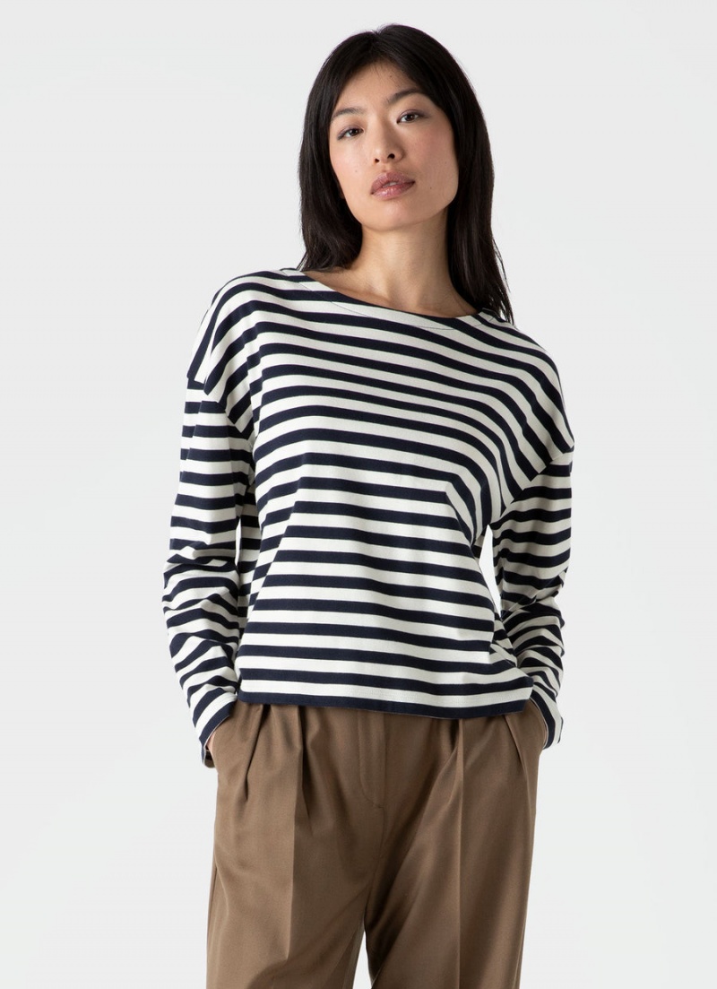 Navy Sunspel Long Sleeve Boatneck T-shirt | 41063-QEUO | USA