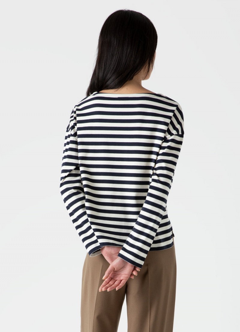 Navy Sunspel Long Sleeve Boatneck T-shirt | 41063-QEUO | USA