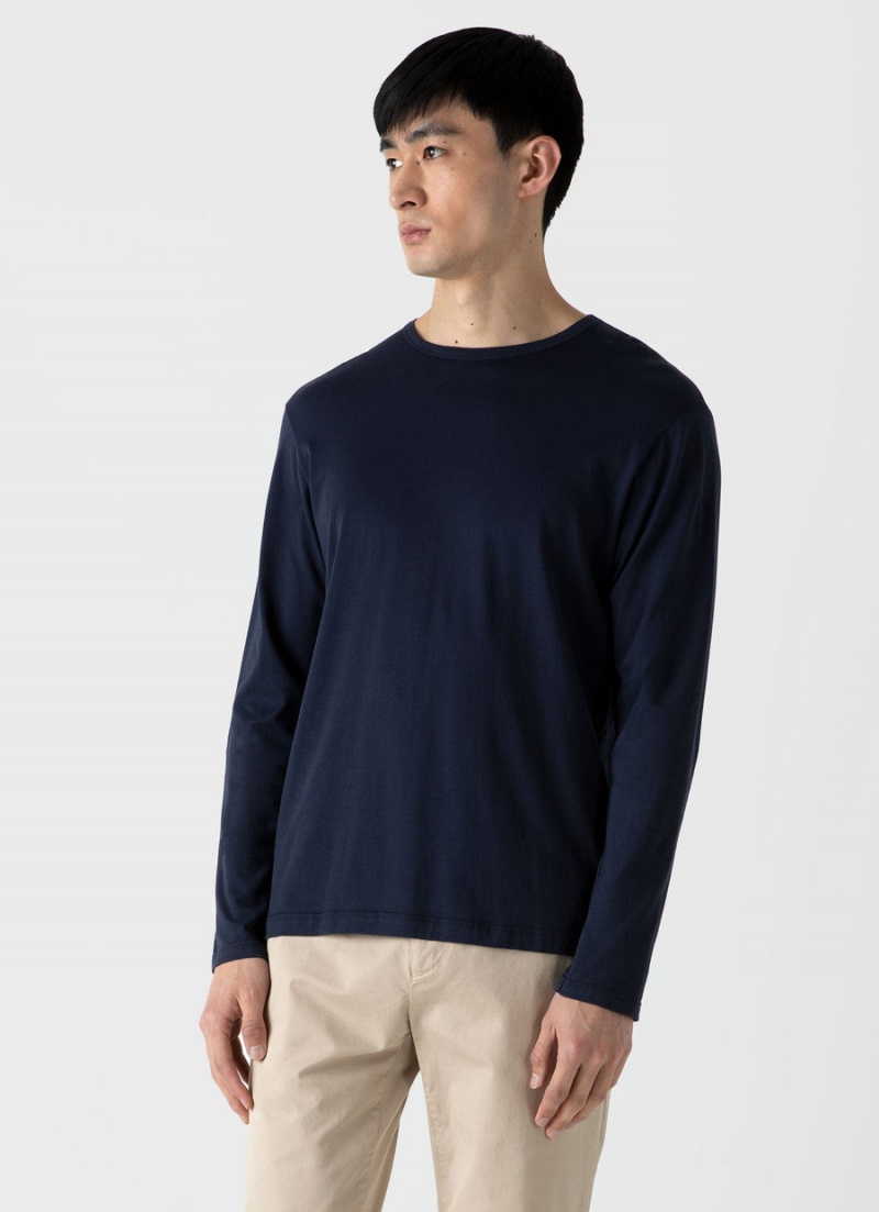 Navy Sunspel Long Sleeve Classic T-shirt | 15290-ULZX | USA