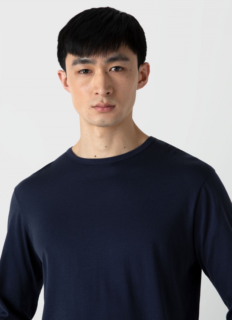 Navy Sunspel Long Sleeve Classic T-shirt | 15290-ULZX | USA