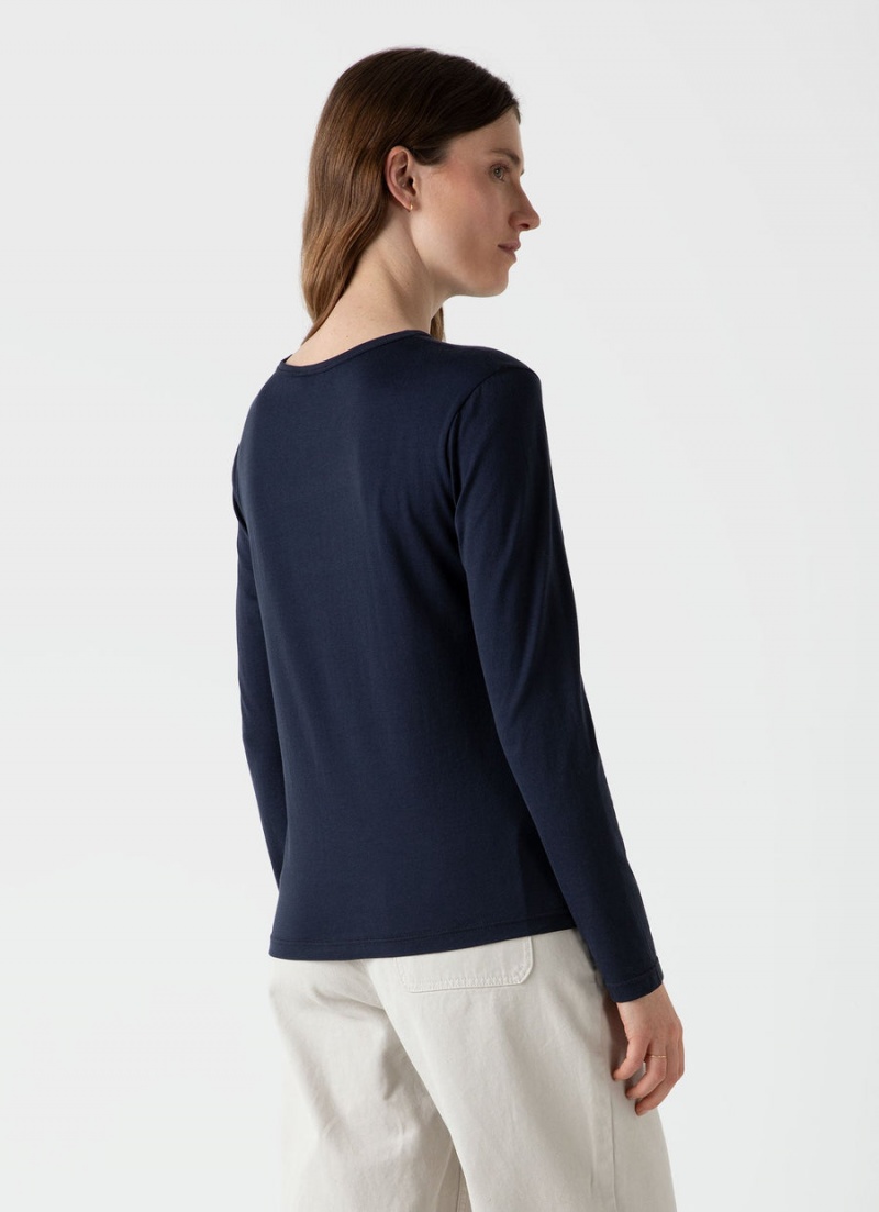 Navy Sunspel Long Sleeve Classic T-shirt | 06852-HUOV | USA