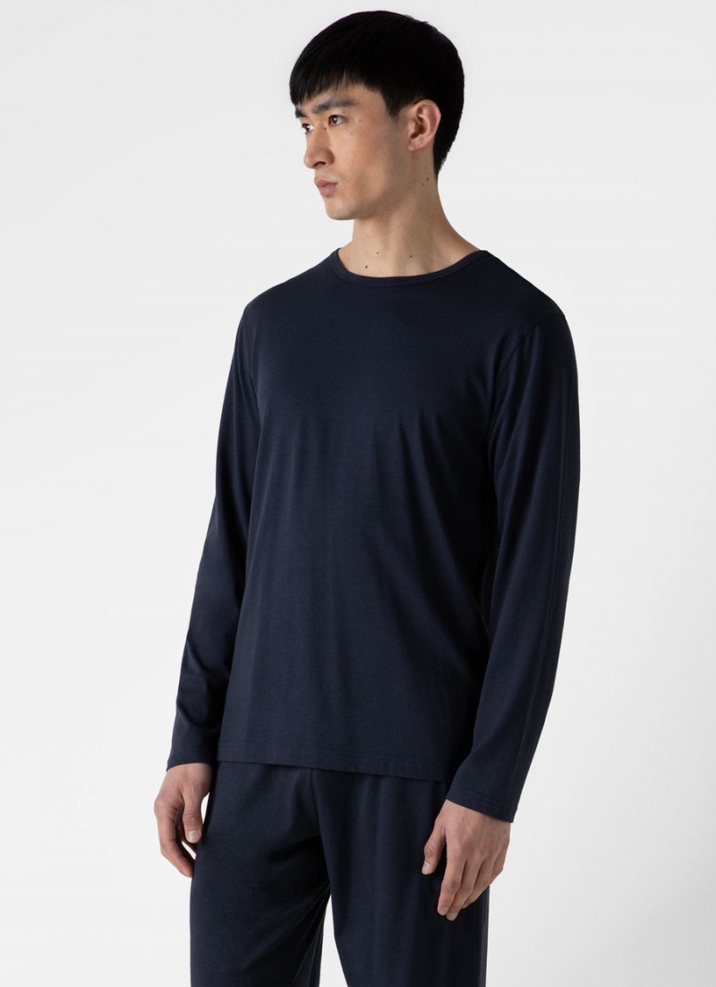 Navy Sunspel Long Sleeve Cotton Modal Lounge T-shirt | 89610-CSBJ | USA