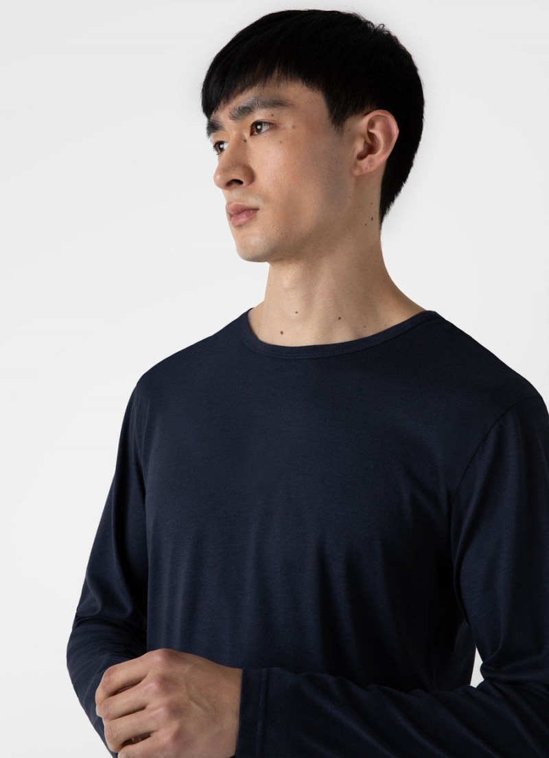 Navy Sunspel Long Sleeve Cotton Modal Lounge T-shirt | 89610-CSBJ | USA