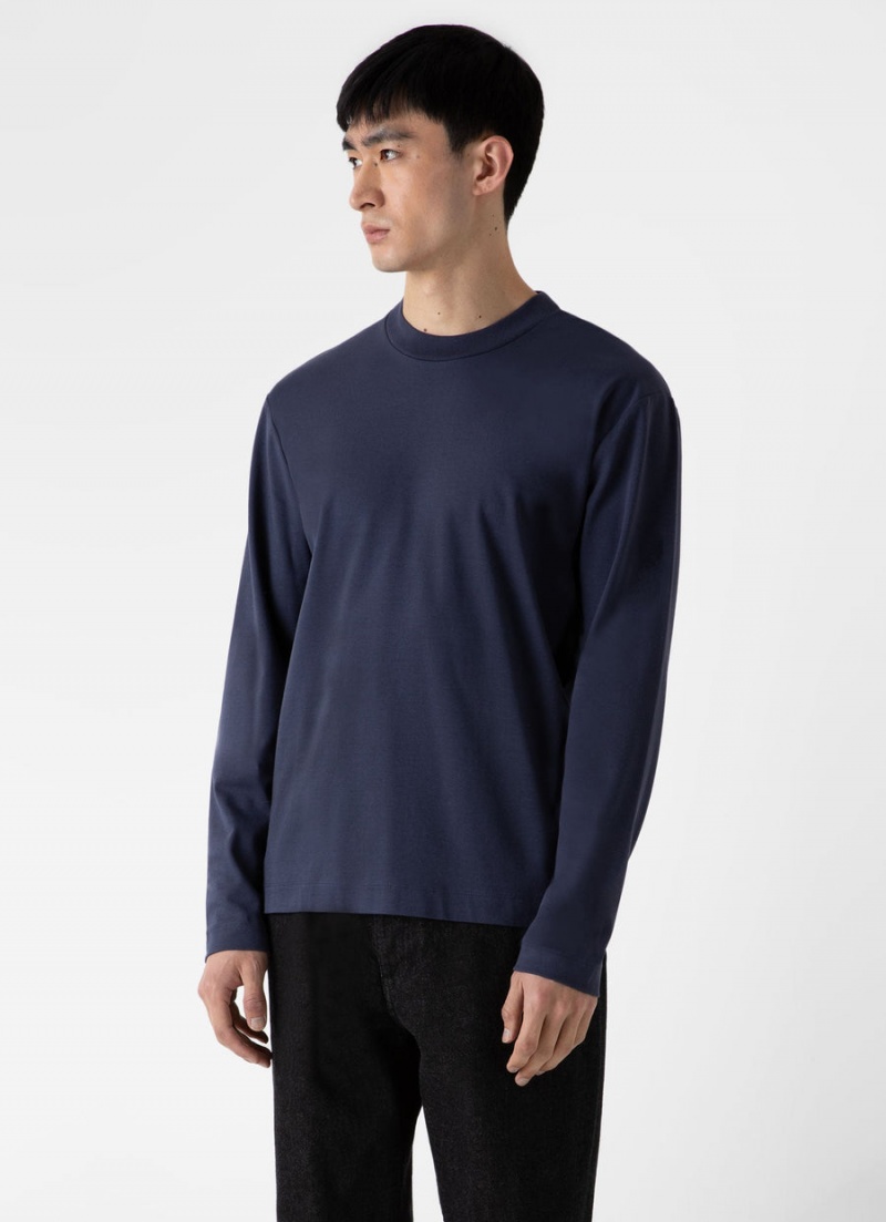 Navy Sunspel Long Sleeve Heavyweight T-shirt | 85603-PKHE | USA