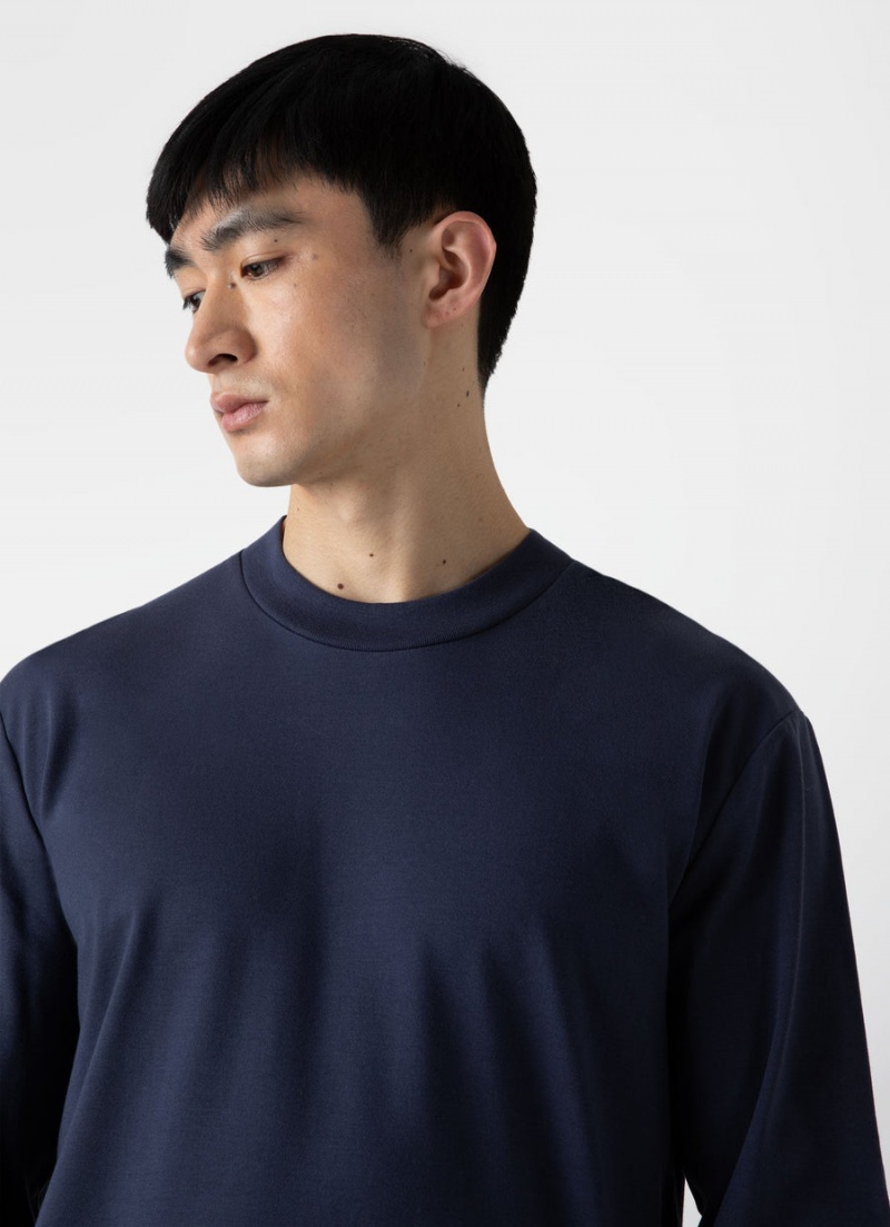 Navy Sunspel Long Sleeve Heavyweight T-shirt | 85603-PKHE | USA