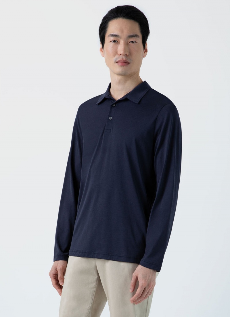 Navy Sunspel Long Sleeve Jersey Polo Shirt | 24510-VAFK | USA