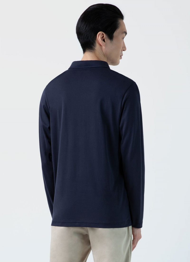 Navy Sunspel Long Sleeve Jersey Polo Shirt | 24510-VAFK | USA