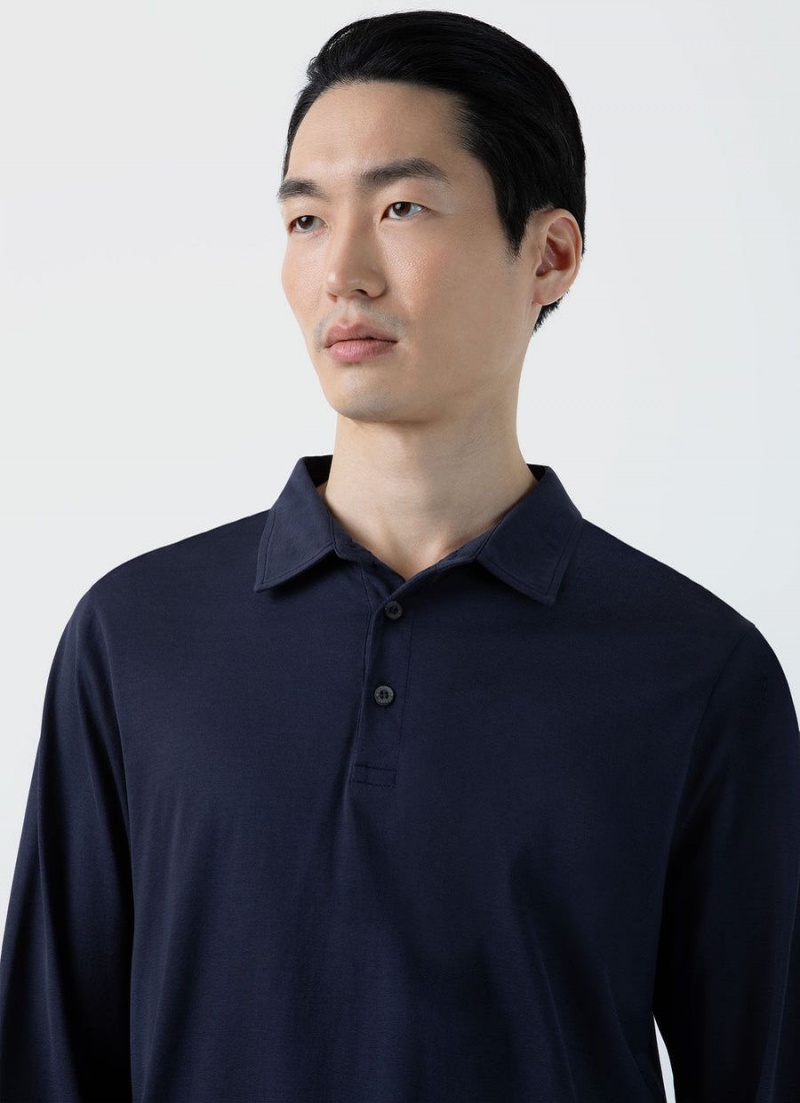 Navy Sunspel Long Sleeve Jersey Polo Shirt | 24510-VAFK | USA