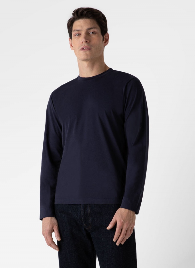 Navy Sunspel Long Sleeve Riviera Midweight T-shirt | 35148-YBWC | USA