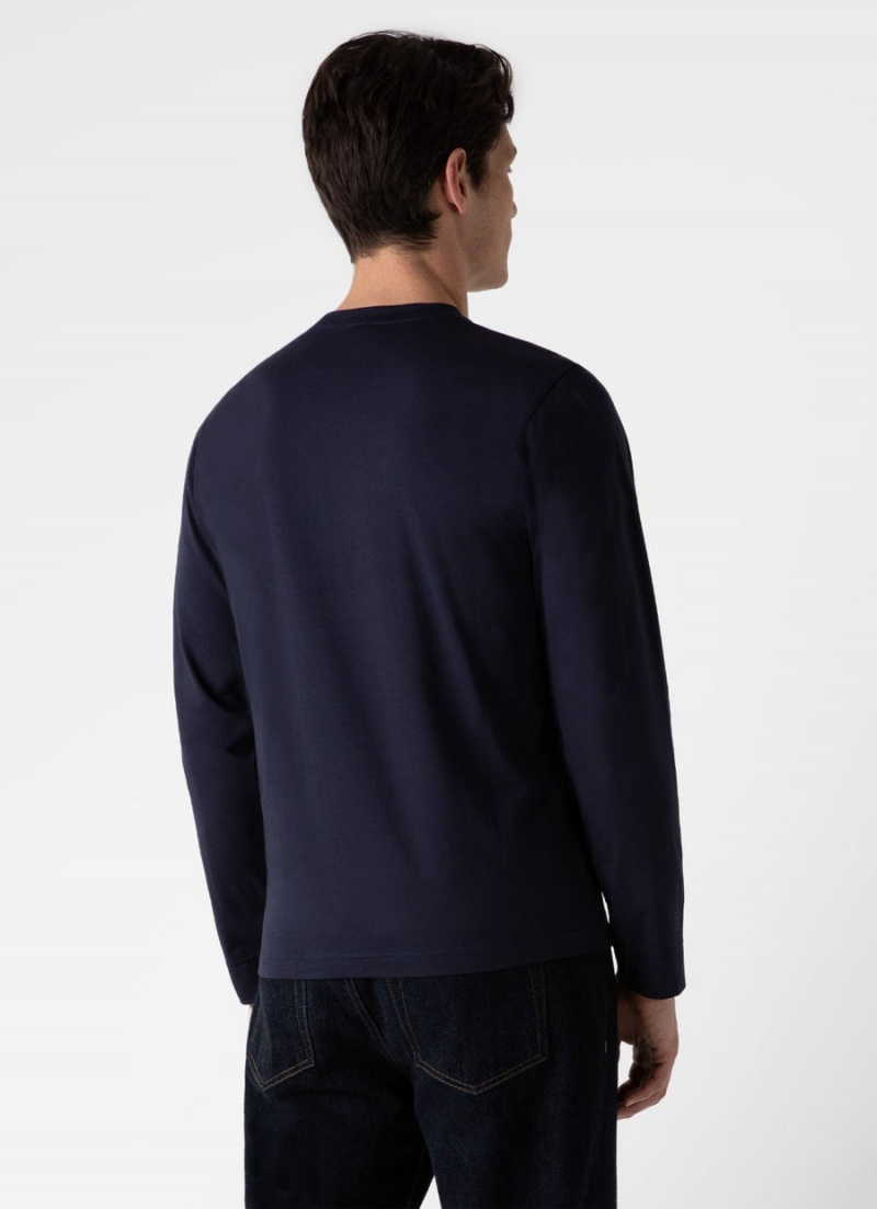 Navy Sunspel Long Sleeve Riviera Midweight T-shirt | 35148-YBWC | USA