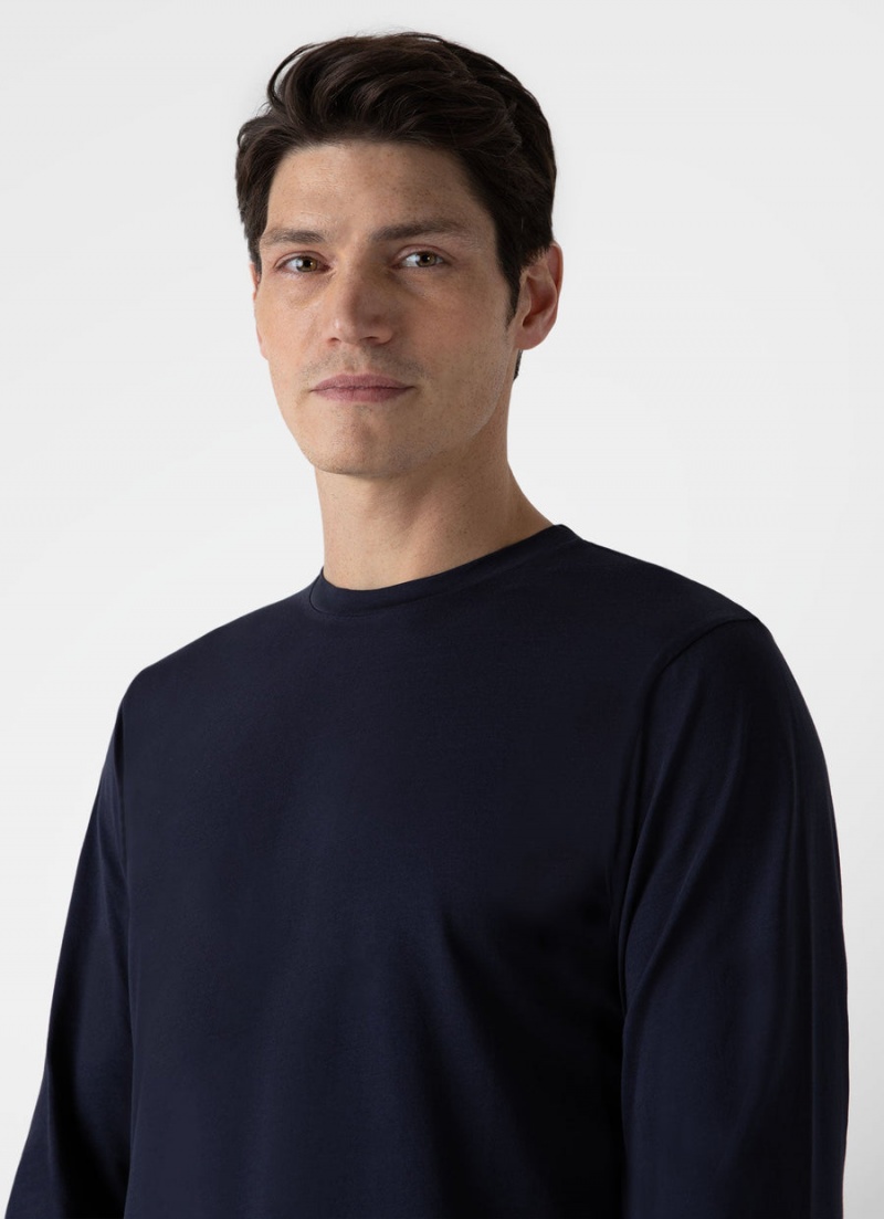 Navy Sunspel Long Sleeve Riviera Midweight T-shirt | 35148-YBWC | USA