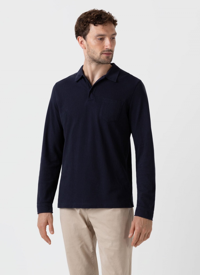 Navy Sunspel Long Sleeve Riviera Polo Shirt | 76103-HMKI | USA