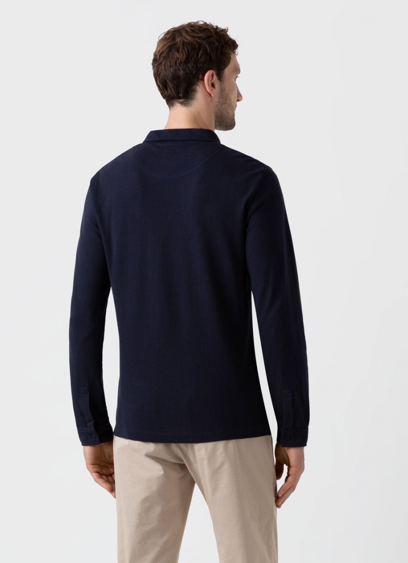 Navy Sunspel Long Sleeve Riviera Polo Shirt | 76103-HMKI | USA