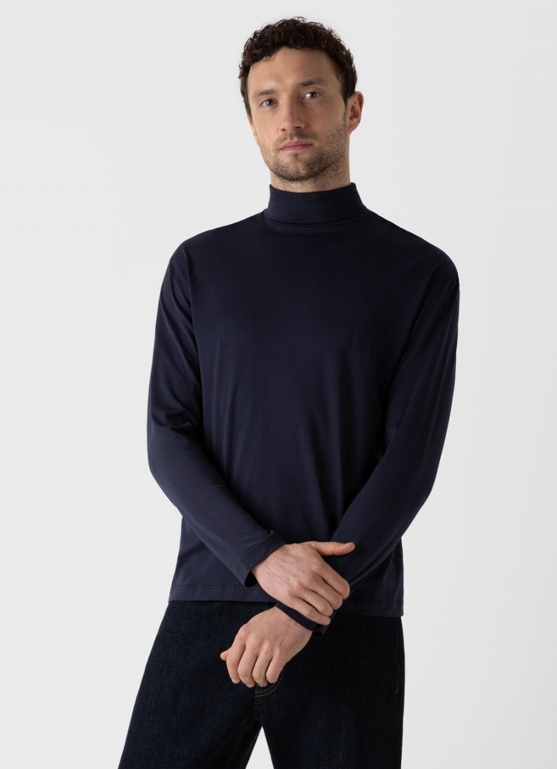 Navy Sunspel Long Sleeve Roll Neck T-shirt | 73495-AWJL | USA