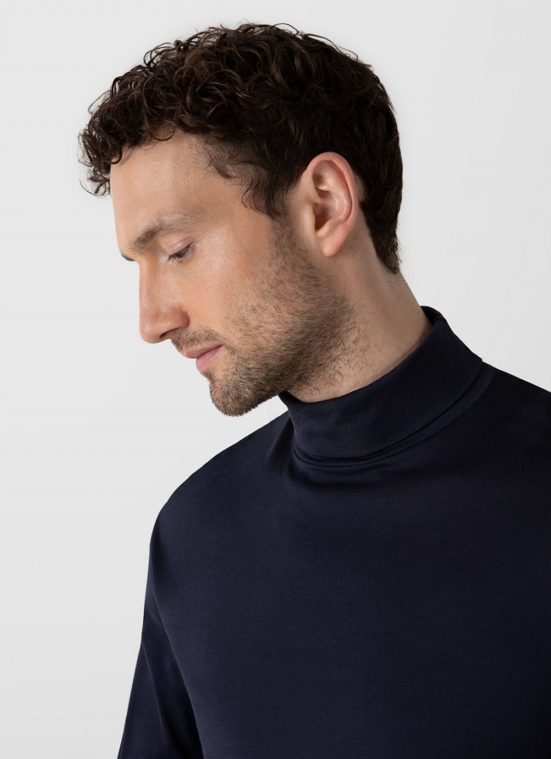 Navy Sunspel Long Sleeve Roll Neck T-shirt | 73495-AWJL | USA