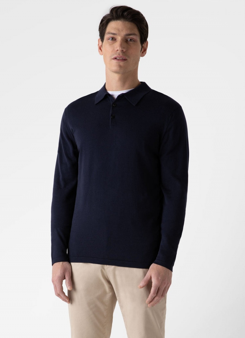 Navy Sunspel Long Sleeve Sea Island Cotton Polo Shirt | 52189-BUFO | USA