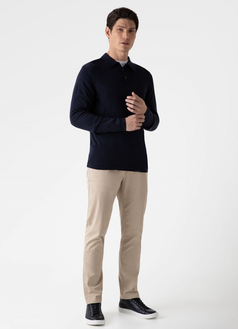 Navy Sunspel Long Sleeve Sea Island Cotton Polo Shirt | 52189-BUFO | USA