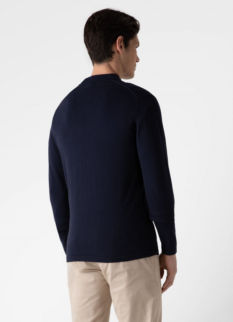 Navy Sunspel Long Sleeve Sea Island Cotton Polo Shirt | 52189-BUFO | USA