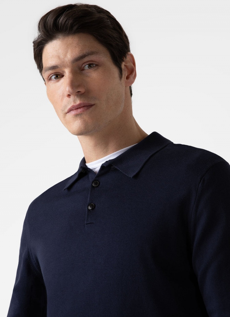 Navy Sunspel Long Sleeve Sea Island Cotton Polo Shirt | 52189-BUFO | USA