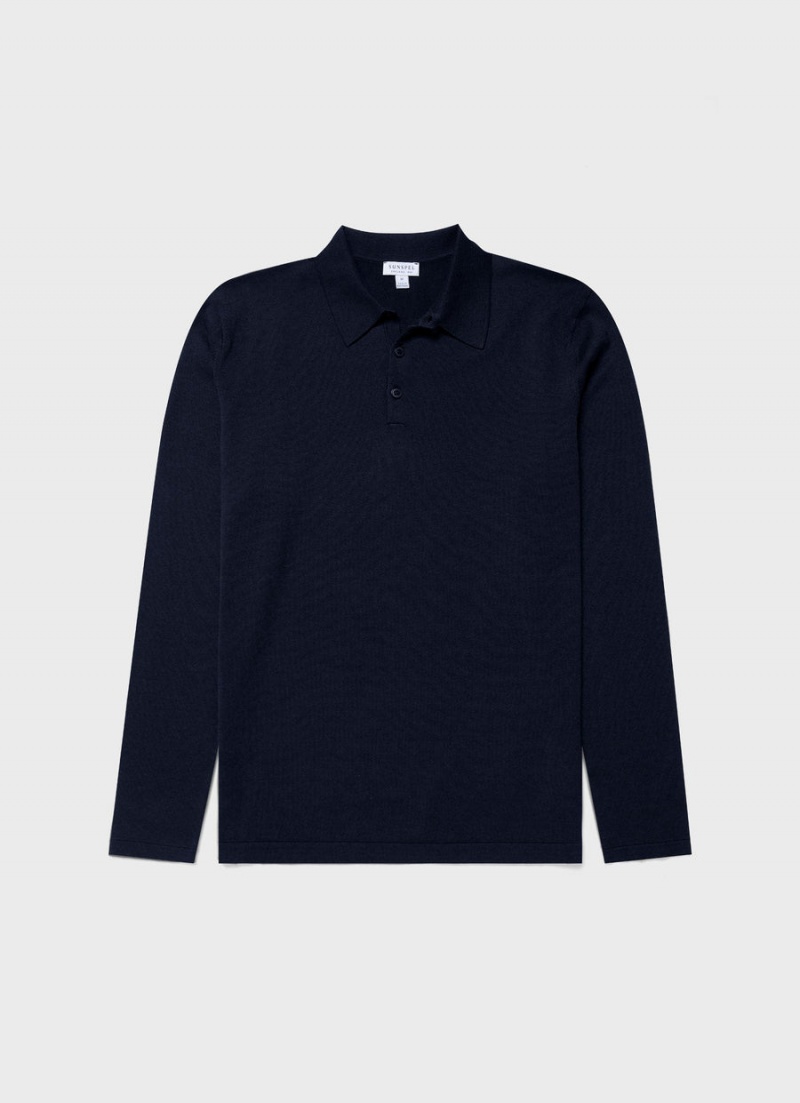 Navy Sunspel Long Sleeve Sea Island Cotton Polo Shirt | 52189-BUFO | USA