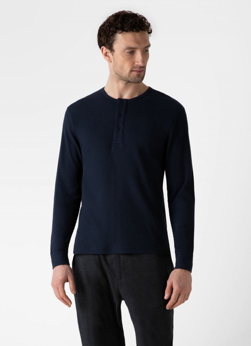 Navy Sunspel Long Sleeve Waffle Henley | 72304-EOTY | USA