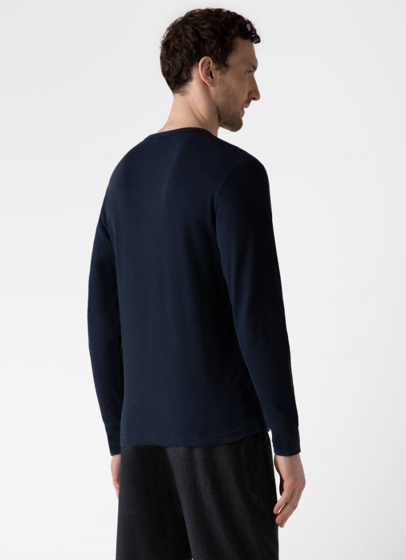 Navy Sunspel Long Sleeve Waffle Henley | 72304-EOTY | USA