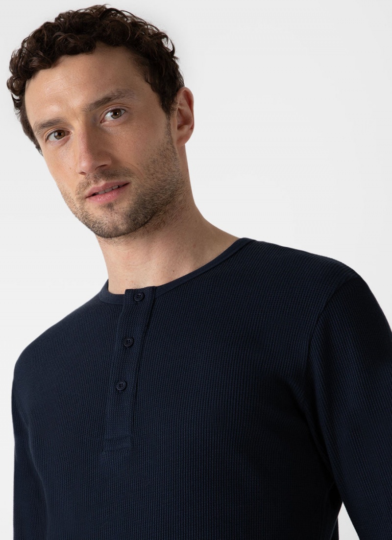 Navy Sunspel Long Sleeve Waffle Henley | 72304-EOTY | USA