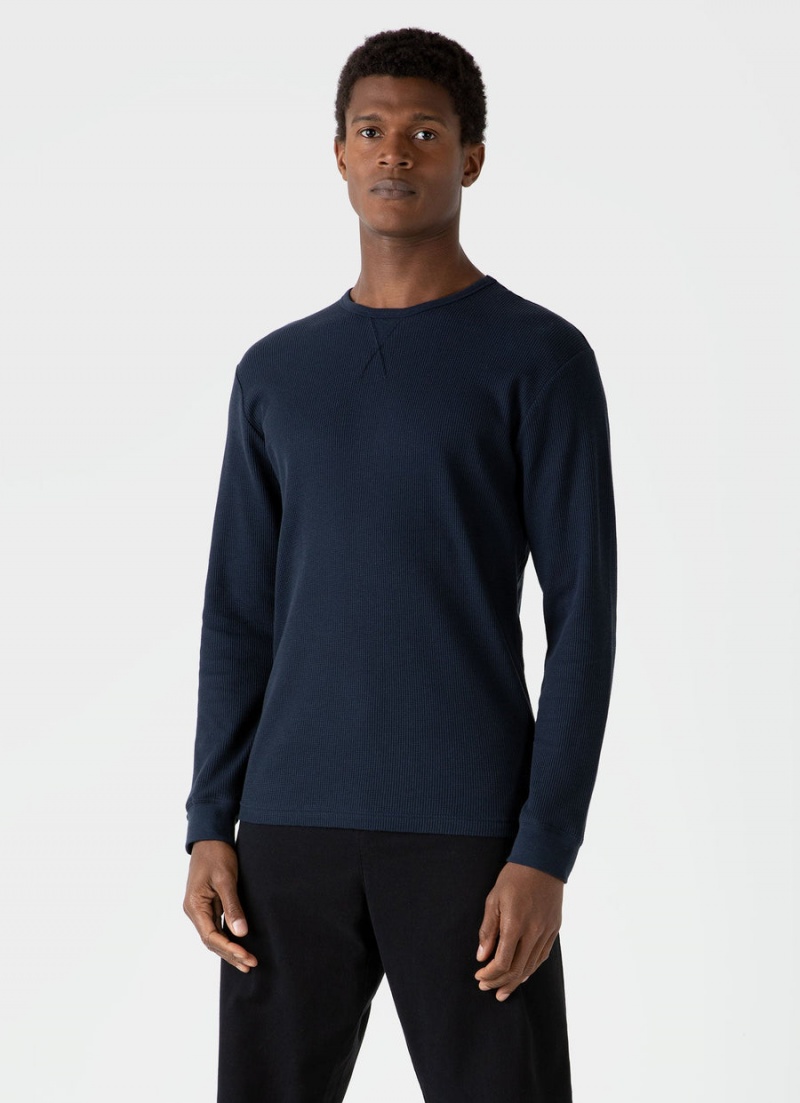 Navy Sunspel Long Sleeve Waffle T-shirt | 58437-UIYC | USA