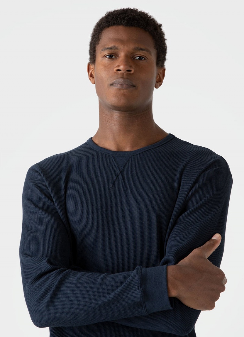 Navy Sunspel Long Sleeve Waffle T-shirt | 58437-UIYC | USA