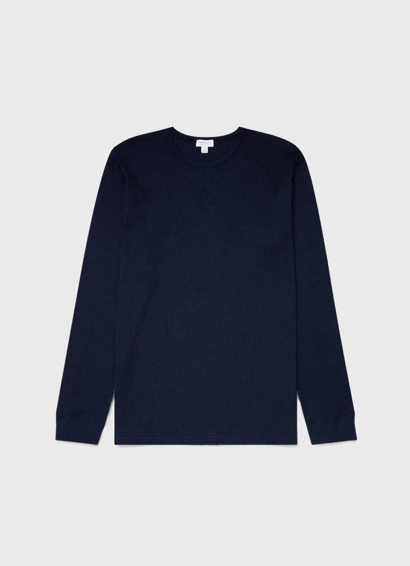 Navy Sunspel Long Sleeve Waffle T-shirt | 58437-UIYC | USA