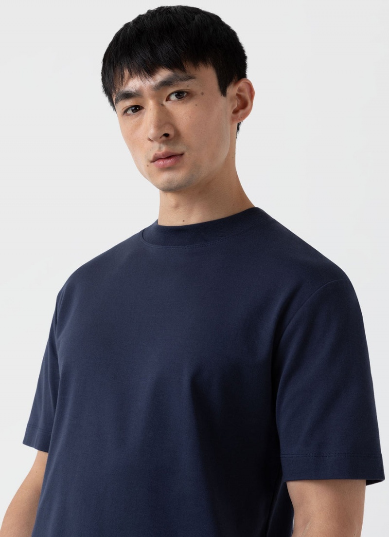 Navy Sunspel Mock Neck Heavyweight T-shirt | 62057-IQSD | USA