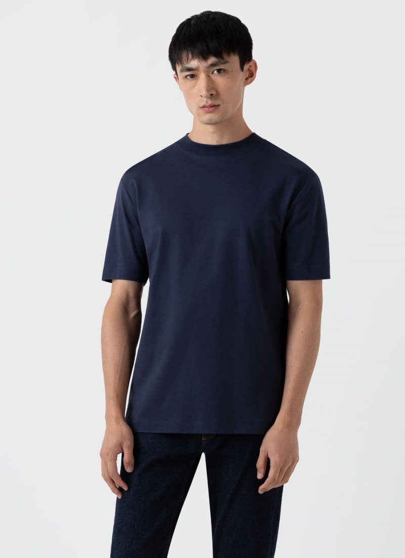 Navy Sunspel Mock Neck Heavyweight T-shirt | 62057-IQSD | USA