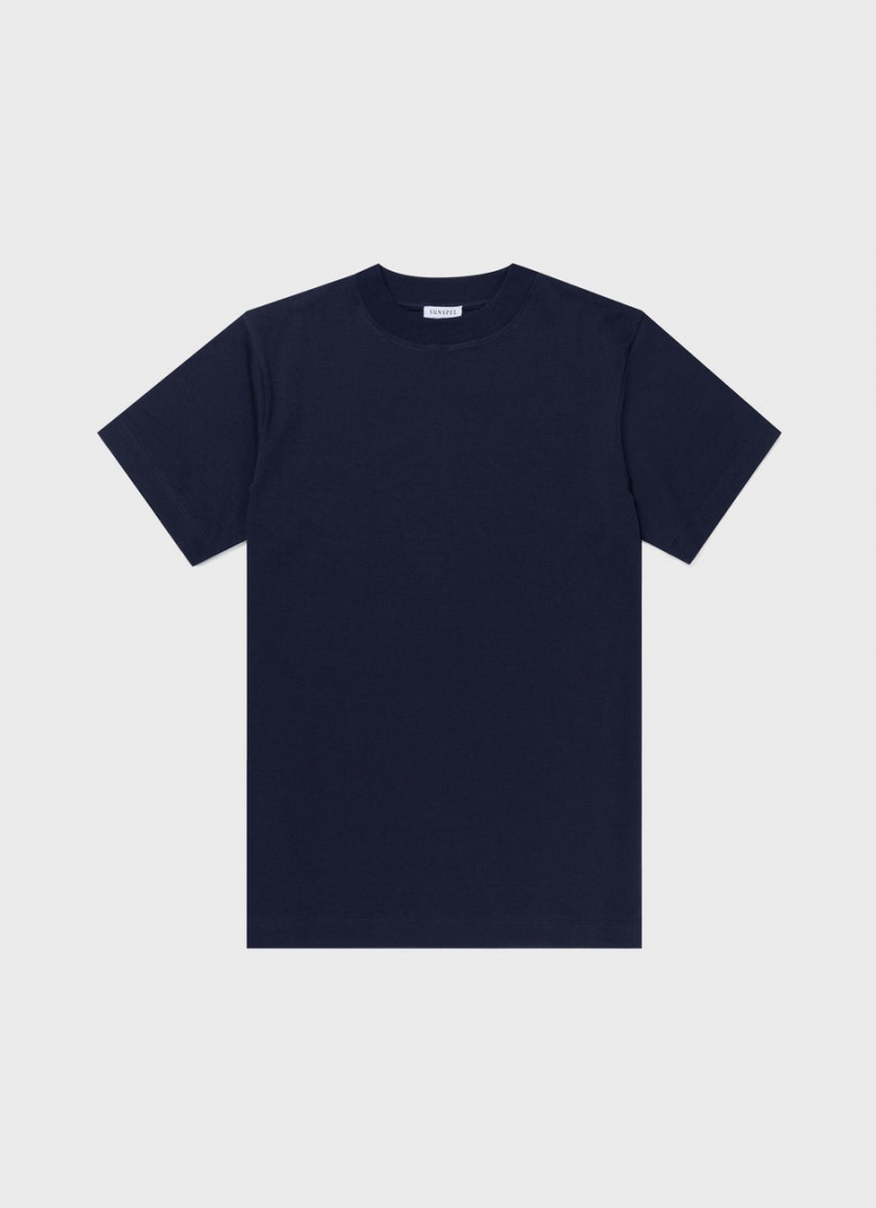 Navy Sunspel Mock Neck Heavyweight T-shirt | 62057-IQSD | USA