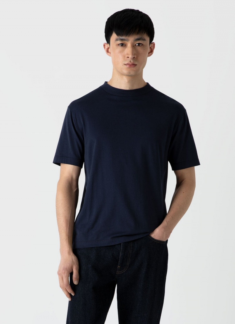 Navy Sunspel Mock Neck T-shirt | 93265-QWIY | USA